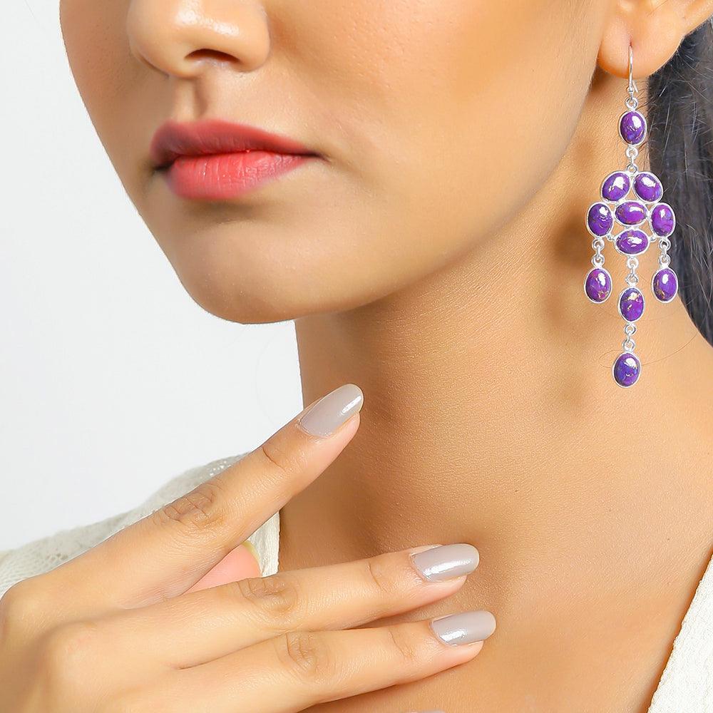 Purple Copper Turquoise Solid 925 Sterling Silver Chandelier Earrings Jewelry - YoTreasure
