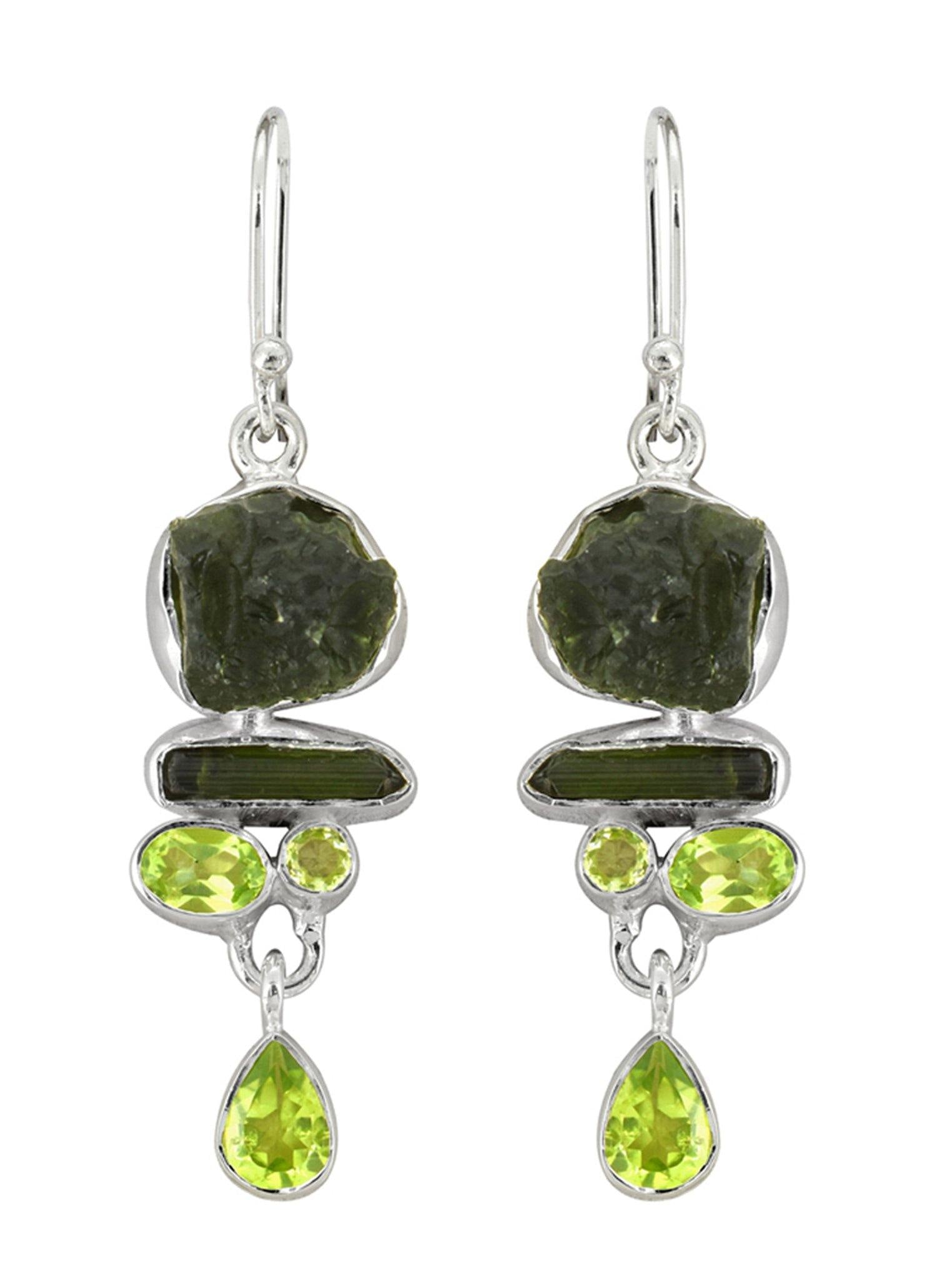 2" Moldavite Raw Tourmaline Solid 925 Sterling Silver Dangle Earrings Jewelry - YoTreasure