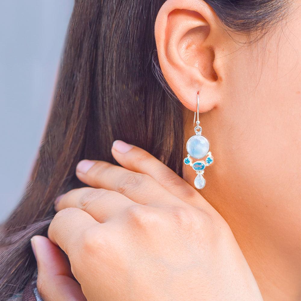 Moonstone Swiss Blue Topaz Solid 925 Sterling Silver Dangle Earrings Jewelry - YoTreasure