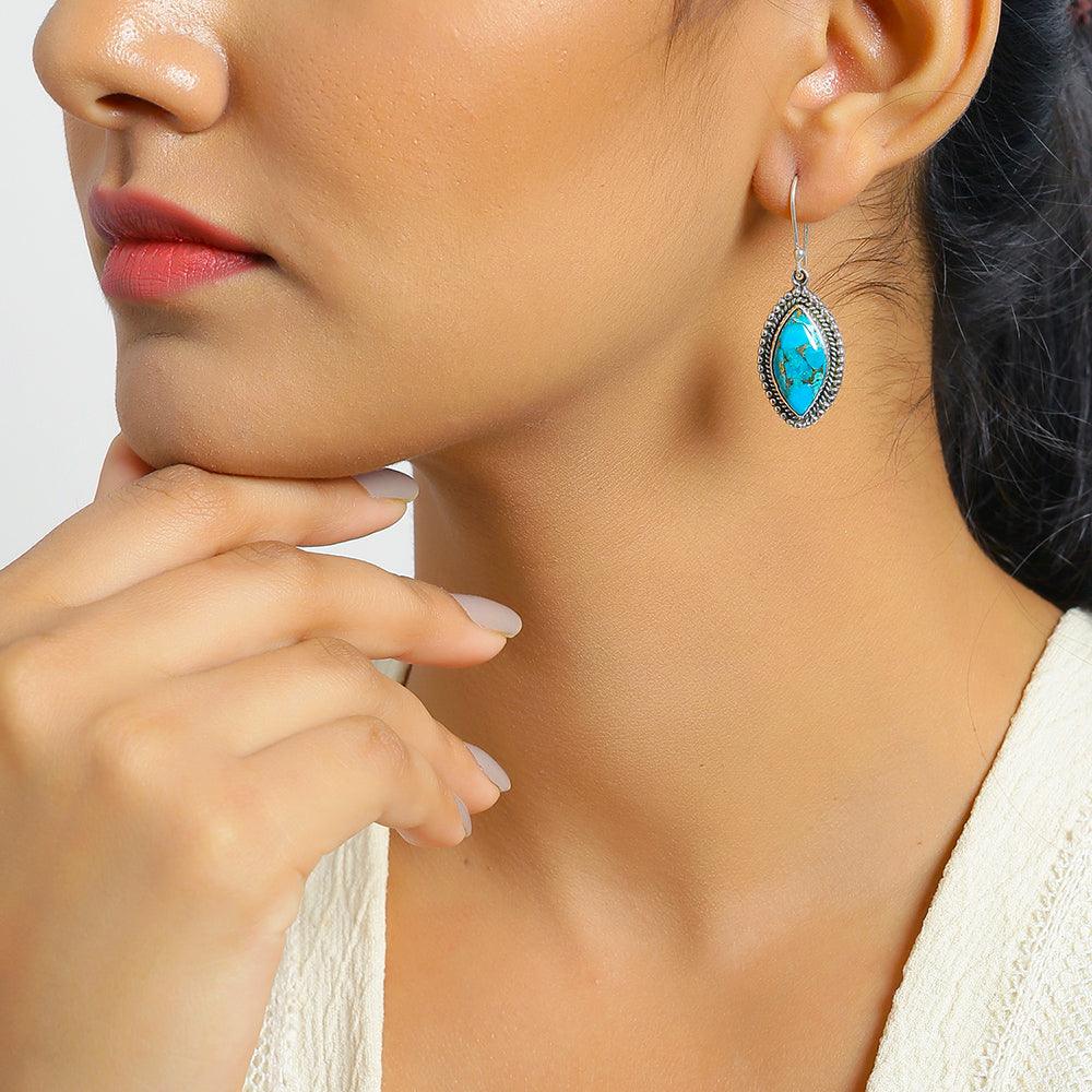 Blue Copper Turquoise Solid 925 Sterling Silver Dangle Earrings Jewelry - YoTreasure