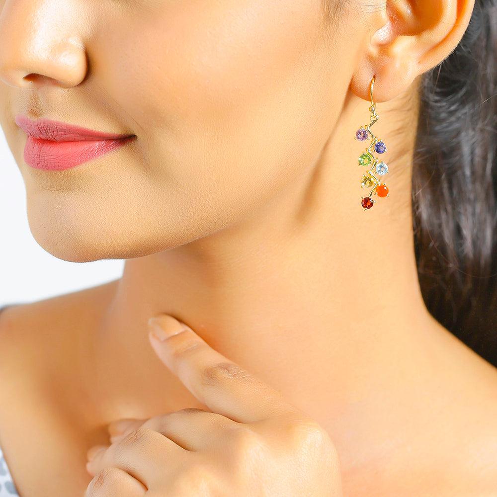 Chakra Stone Solid 925 Silver Gold Plated Dangle Earrings - YoTreasure