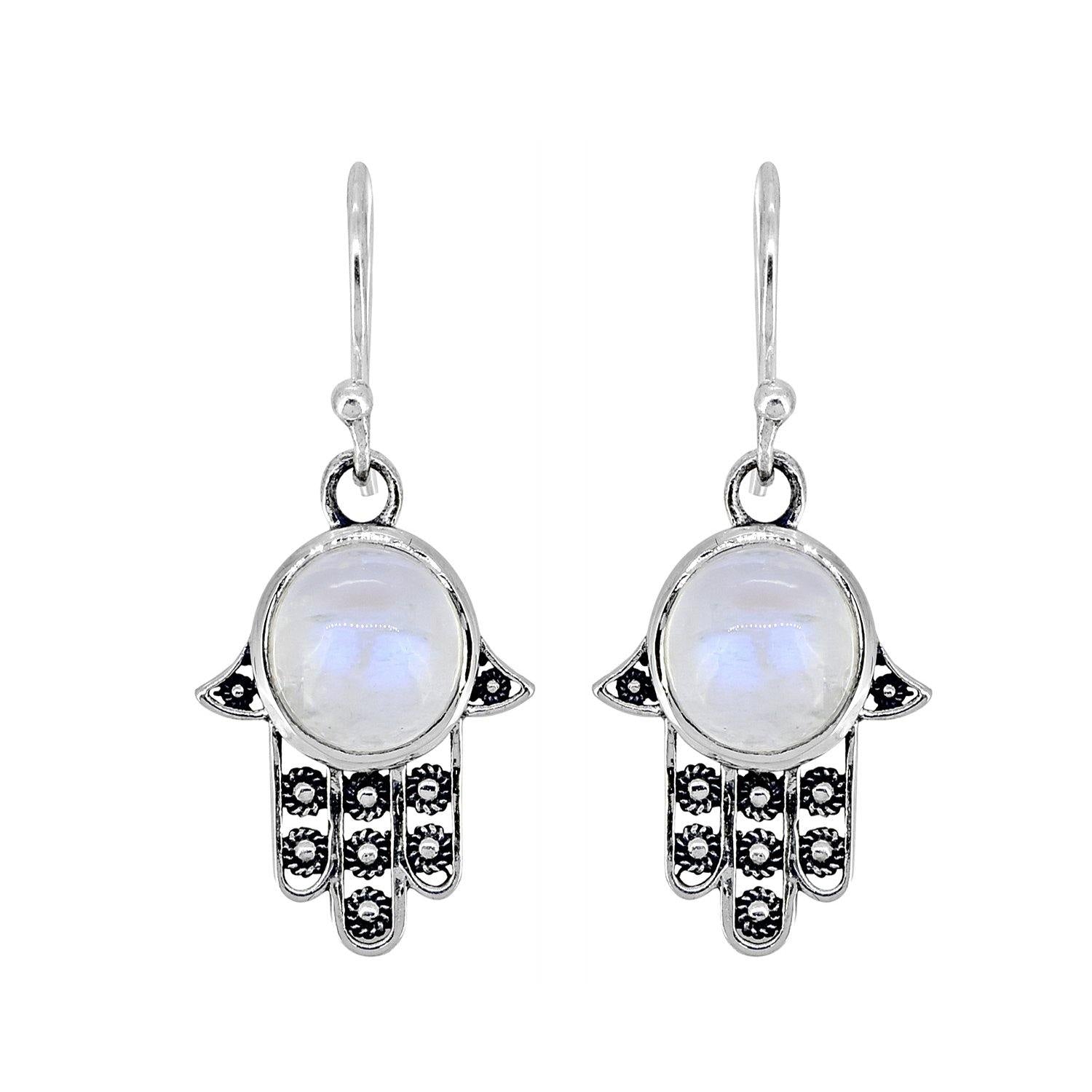 Rainbow Moonstone Solid 925 Sterling Silver Hamsa Hand Dangle Hook Earrings Protective Symbol Jewelry - YoTreasure