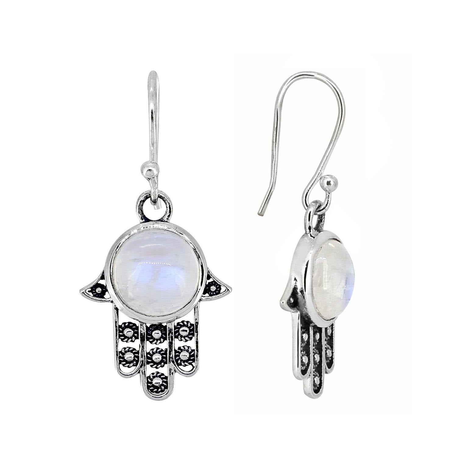 Rainbow Moonstone Solid 925 Sterling Silver Hamsa Hand Dangle Hook Earrings Protective Symbol Jewelry - YoTreasure