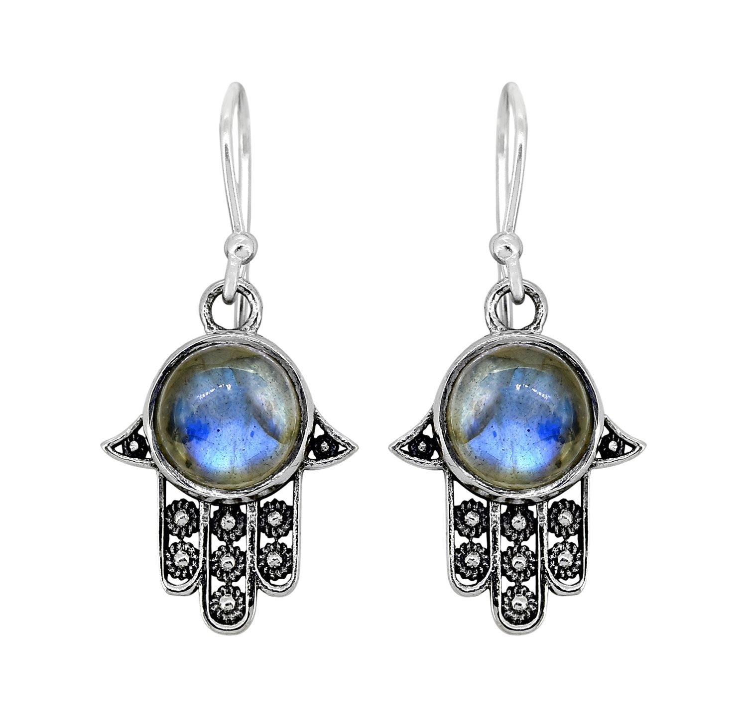 Labradorite Solid 925 Sterling Silver Hamsa Hand Dangle Hook Earrings Protective Symbol Jewelry - YoTreasure