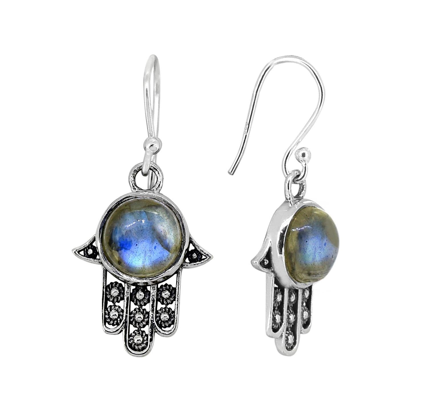 Labradorite Solid 925 Sterling Silver Hamsa Hand Dangle Hook Earrings Protective Symbol Jewelry - YoTreasure