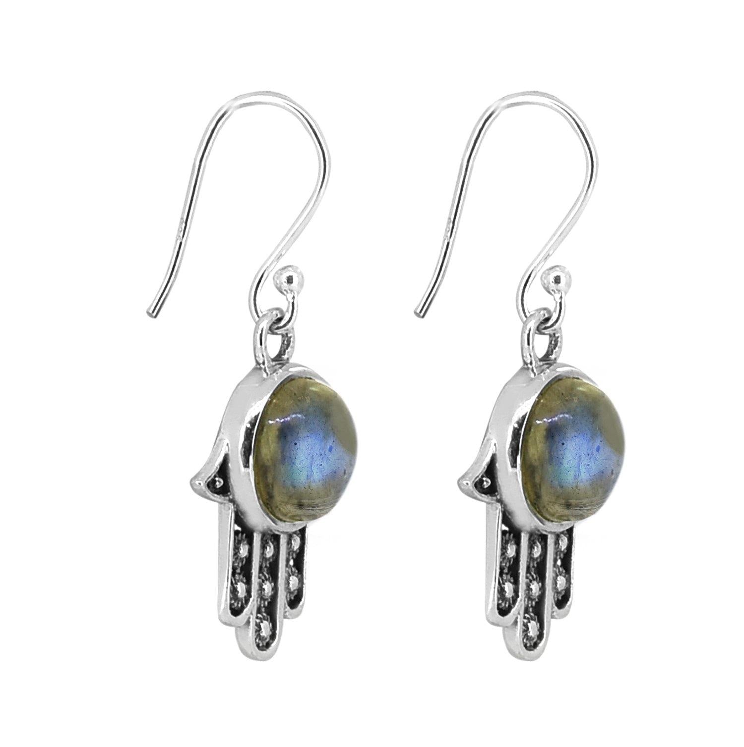 Labradorite Solid 925 Sterling Silver Hamsa Hand Dangle Hook Earrings Protective Symbol Jewelry - YoTreasure