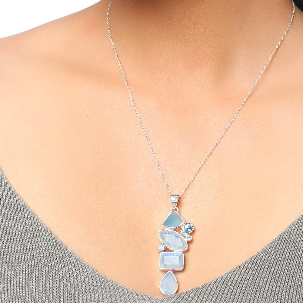 2.16" Moonstone Blue Topaz Solid 925 Sterling Silver Chain Pendant - YoTreasure