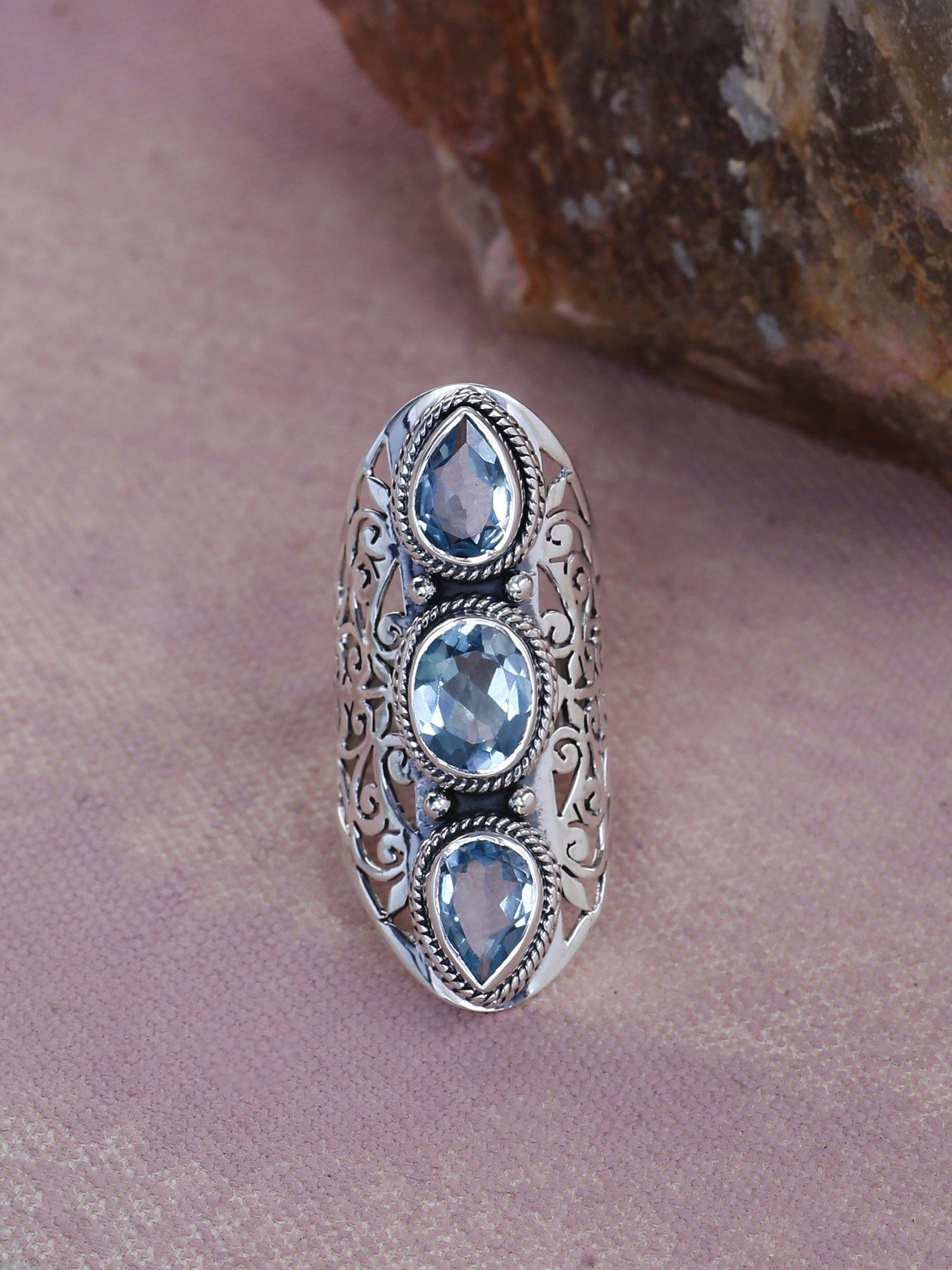 Blue Topaz Solid 925 Sterling Silver Designer Filigree Ring Jewelry - YoTreasure