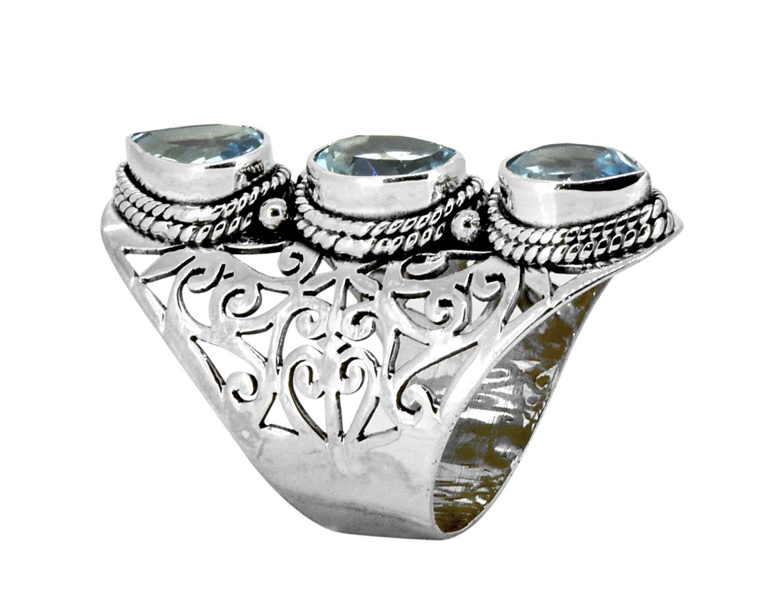 Blue Topaz Solid 925 Sterling Silver Designer Filigree Ring Jewelry - YoTreasure