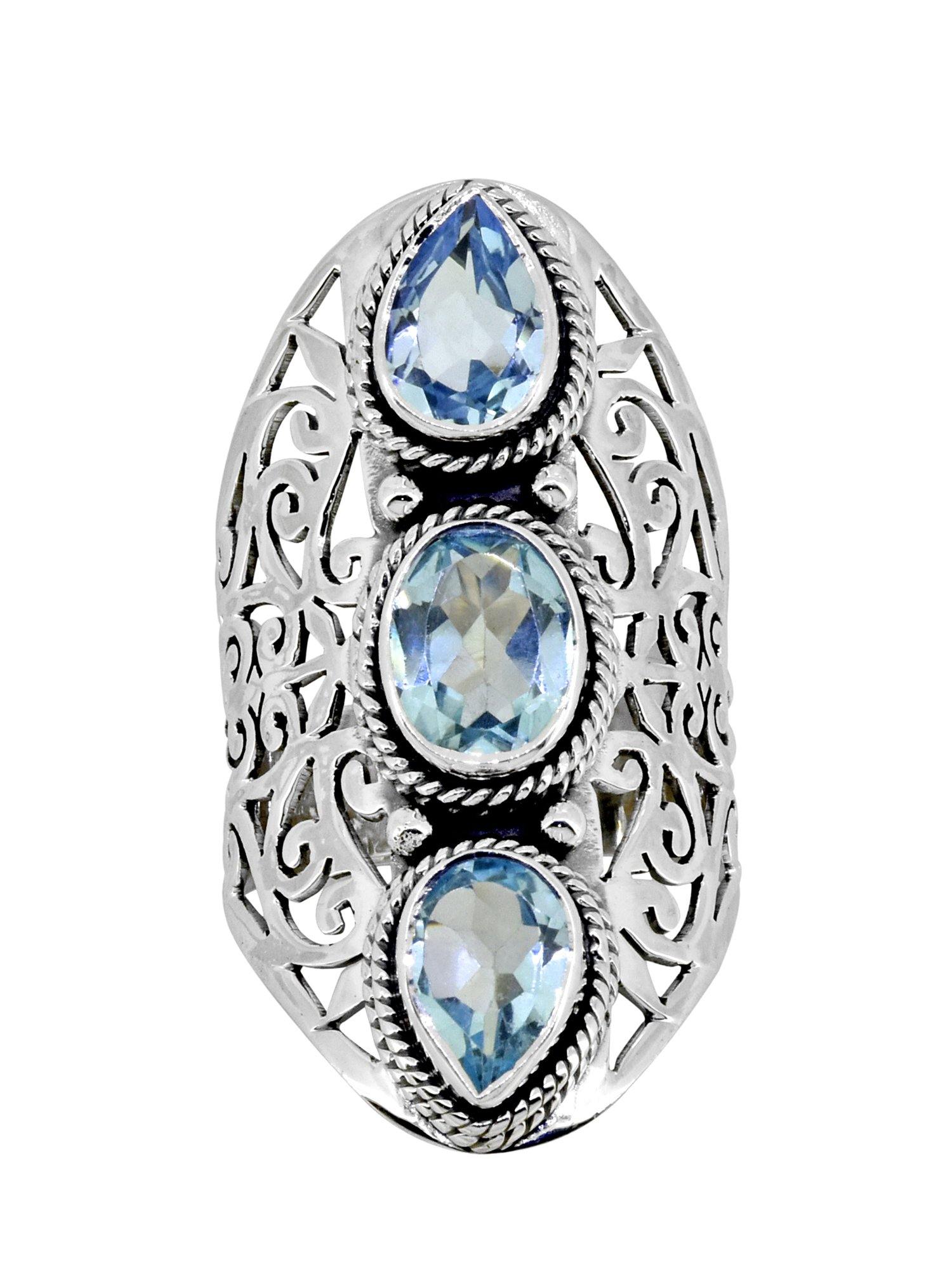 Blue Topaz Solid 925 Sterling Silver Designer Filigree Ring Jewelry - YoTreasure