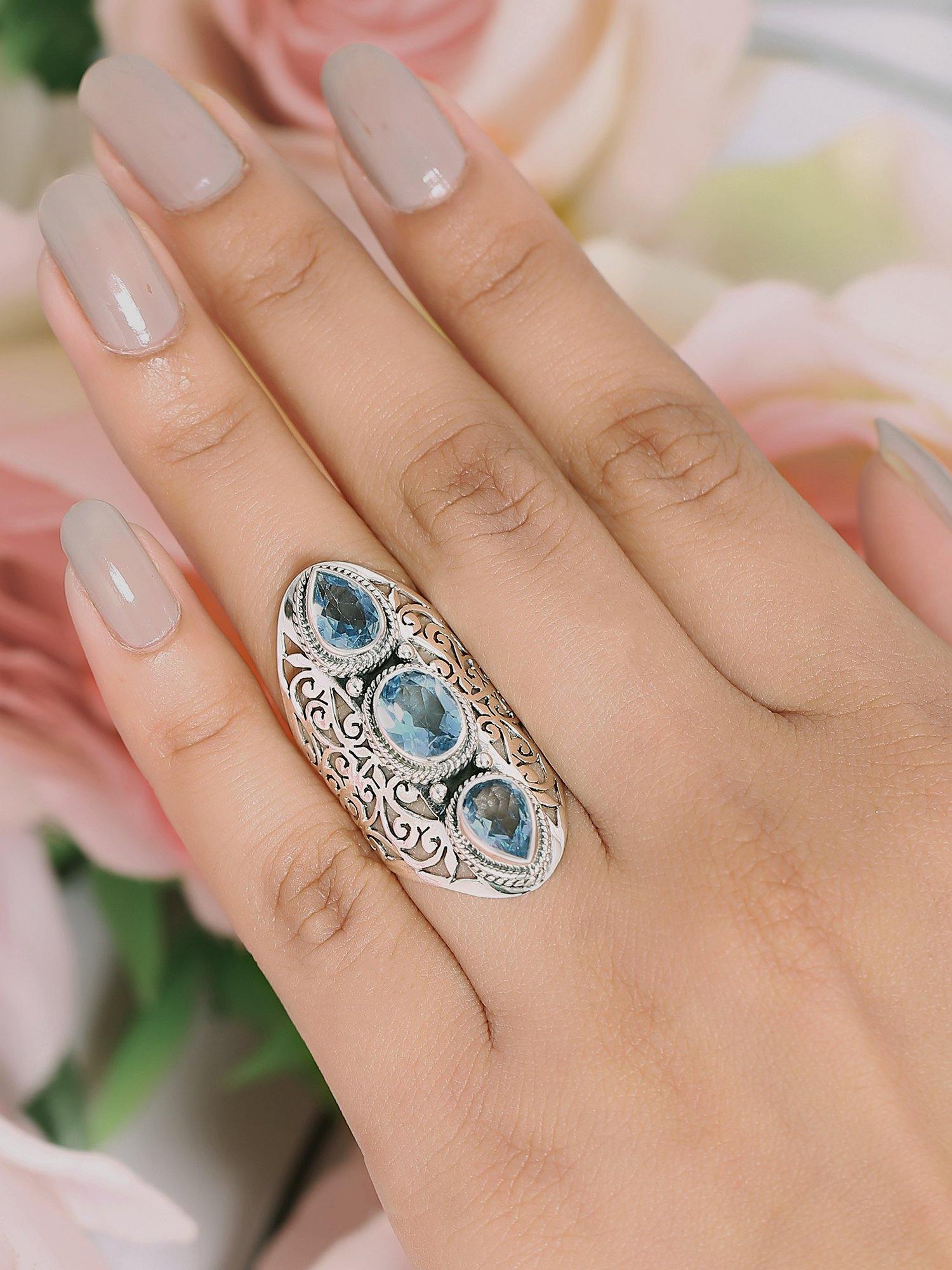 Blue Topaz Solid 925 Sterling Silver Designer Filigree Ring Jewelry - YoTreasure
