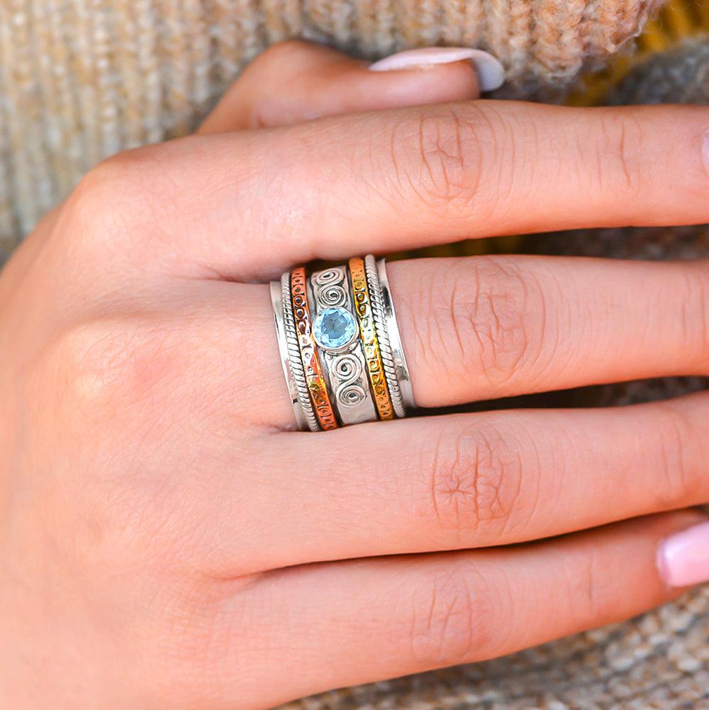 Natural Blue Topaz Solid 925 Sterling Silver Brass Copper Meditation Spinning Ring Jewelry - YoTreasure