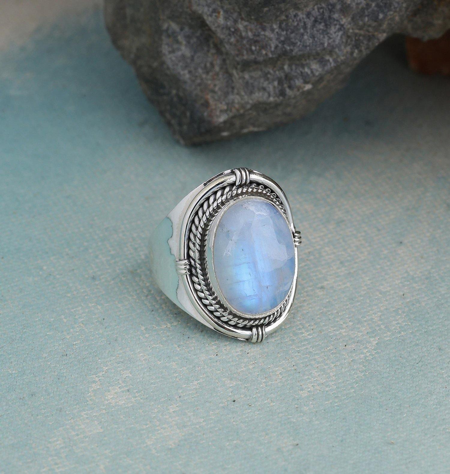 Rainbow Moonstone Solid 925 Sterling Silver Ring Jewelry - YoTreasure