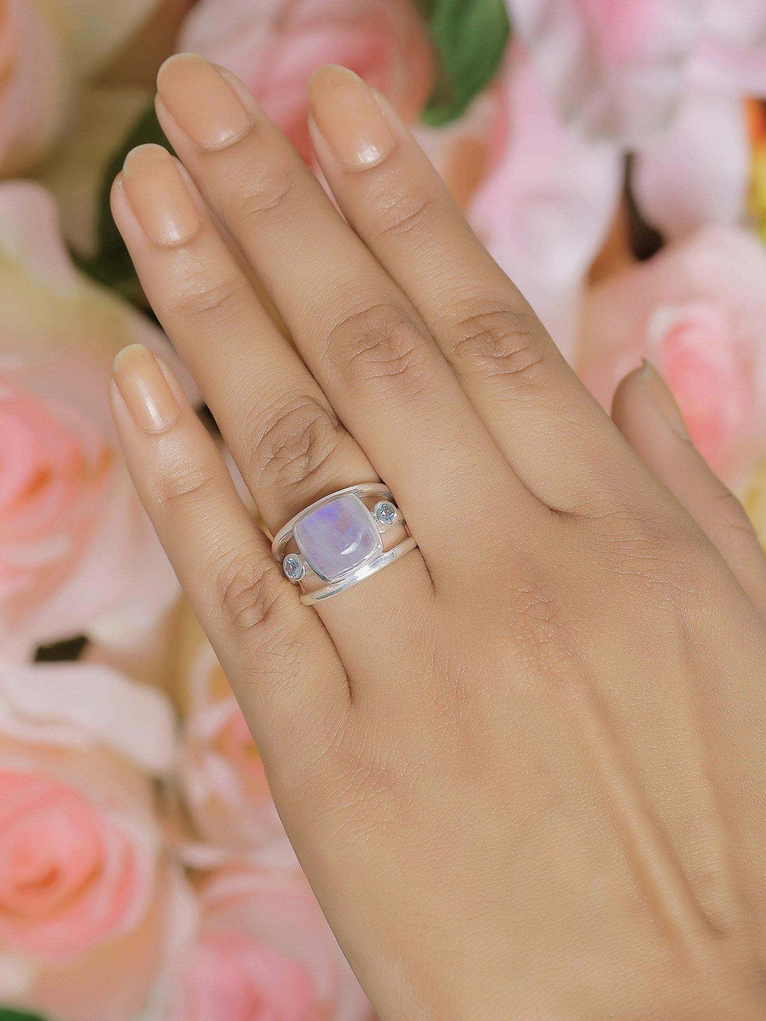 Moonstone Solid 925 Sterling Silver Split Shank Ring Jewelry - YoTreasure