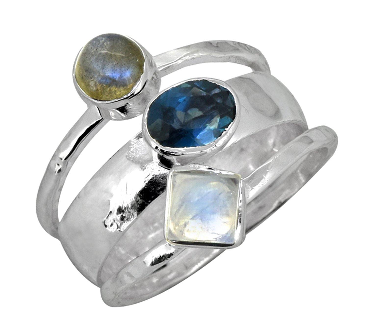 London Blue Topaz Moonstone Labradorite 925 Sterling Silver Ring - YoTreasure