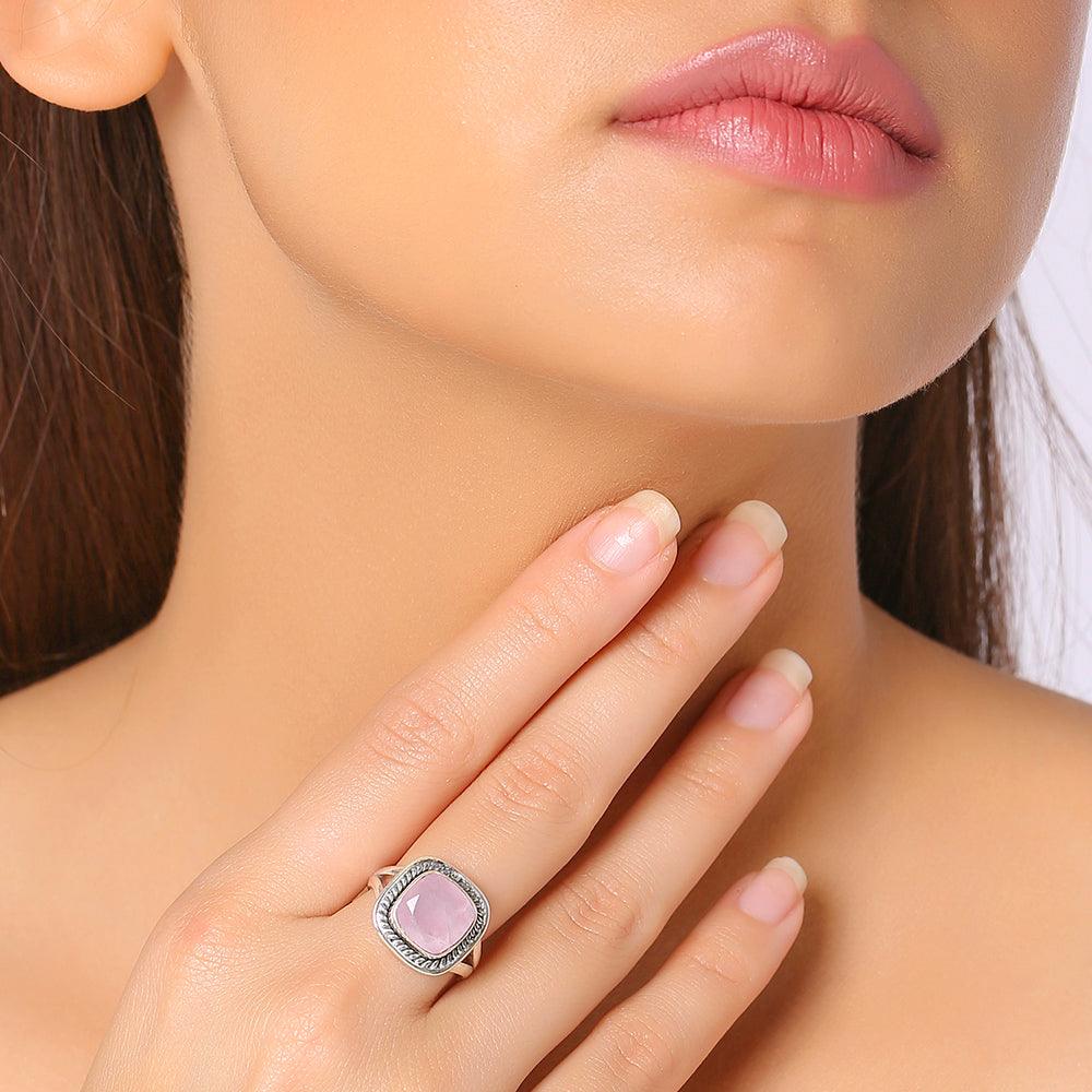 Rose Quartz Solid 925 Sterling Silver Split Shank Ring Jewelry - YoTreasure