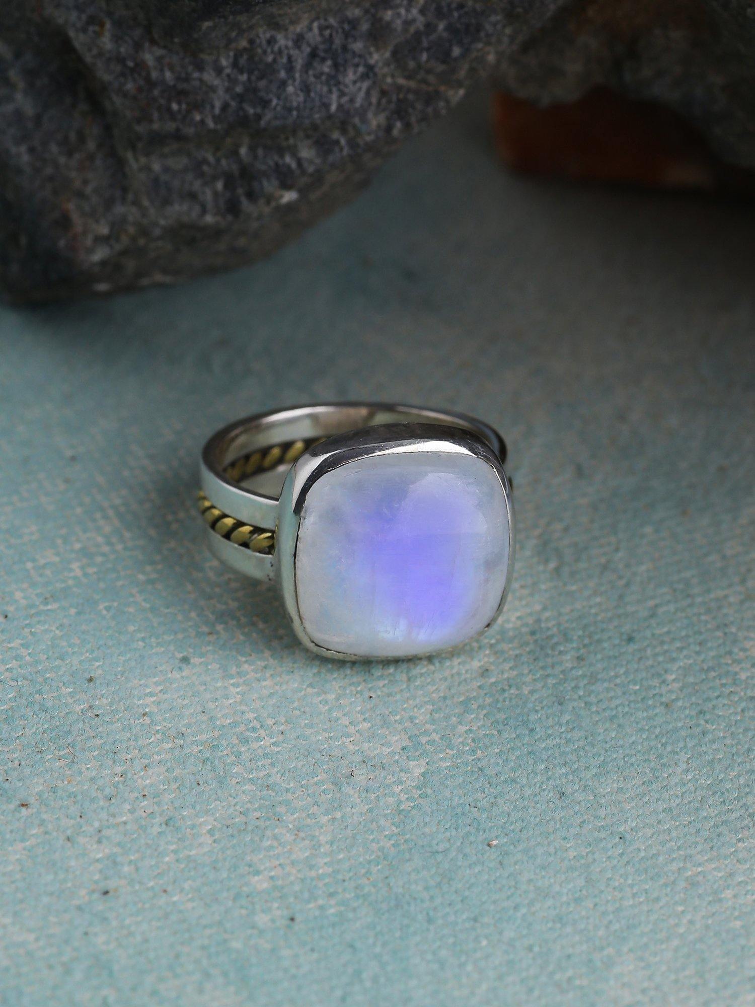 Rainbow Moonstone Solid 925 Sterling Silver Brass Ring Jewelry - YoTreasure