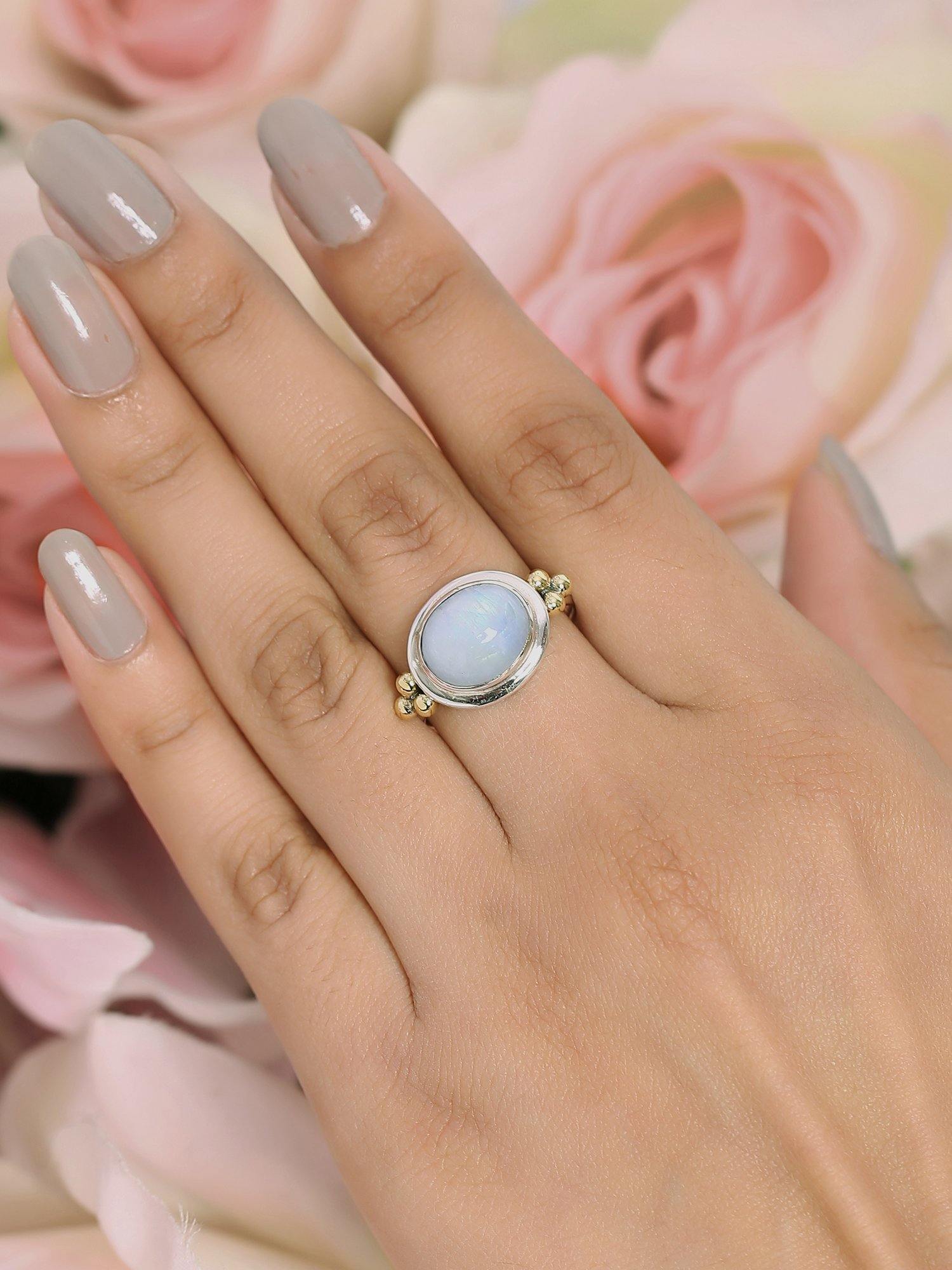 Rainbow Moonstone Solid 925 Sterling Silver Brass Ring Jewelry - YoTreasure