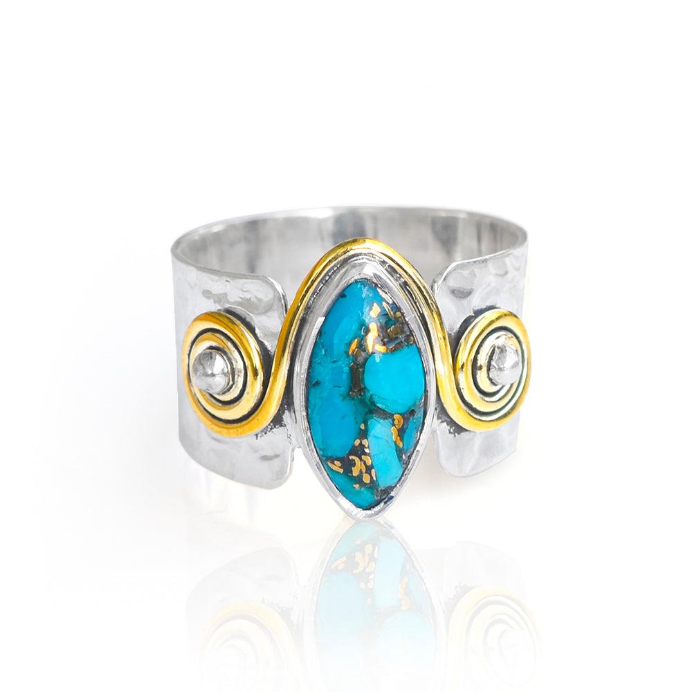 Blue Copper Turquoise Solid 925 Sterling Silver Brass Hammered Ring Jewelry - YoTreasure