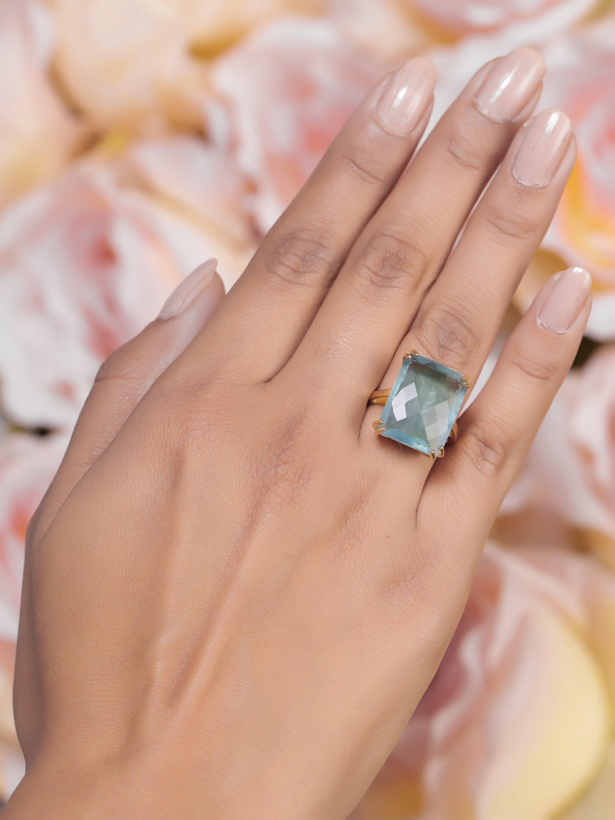 Blue Fluorite Solid 925 Sterling Silver Gold Plated Statement Ring Jewelry - YoTreasure