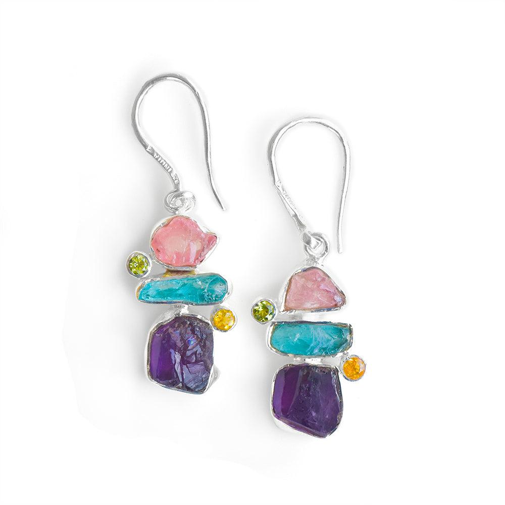 Raw Multi Gemstone Solid 925 Sterling Silver Dangle Earrings Jewelry - YoTreasure