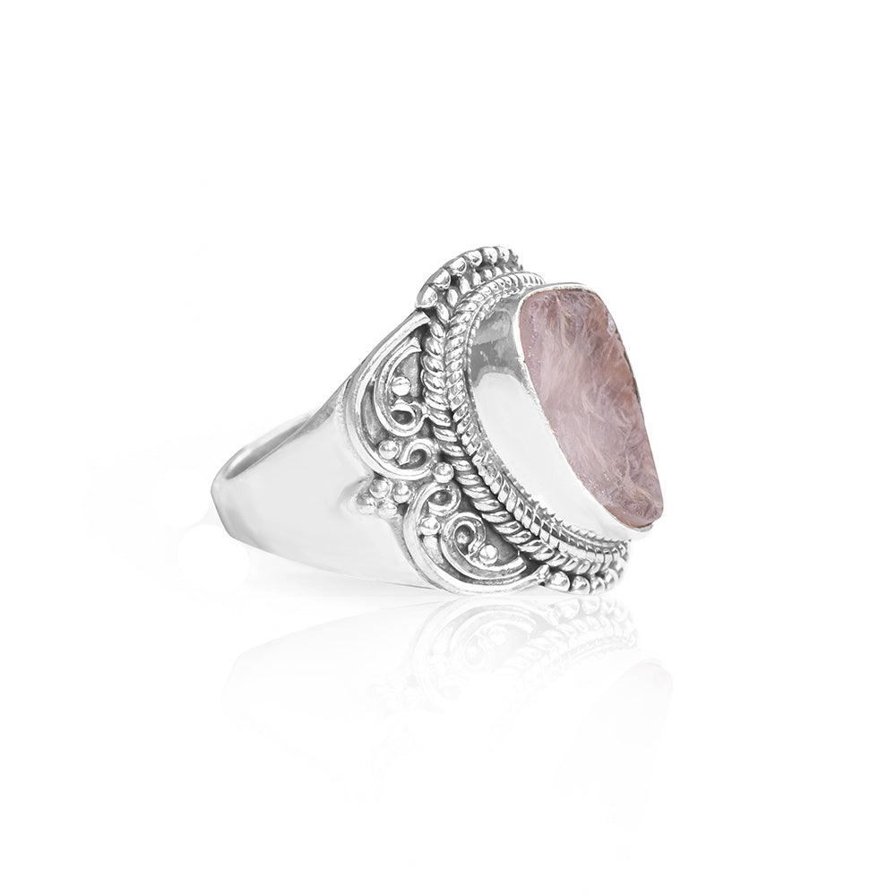Rough Rose Quartz Gemstone Solid 925 Sterling Silver Ring Jewelry - YoTreasure