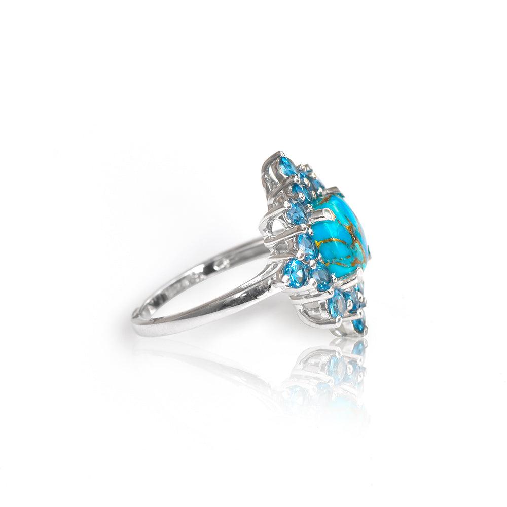 5.40 Ct Blue Copper Turquoise Solid 925 Sterling Silver Cluster Ring Jewelry - YoTreasure