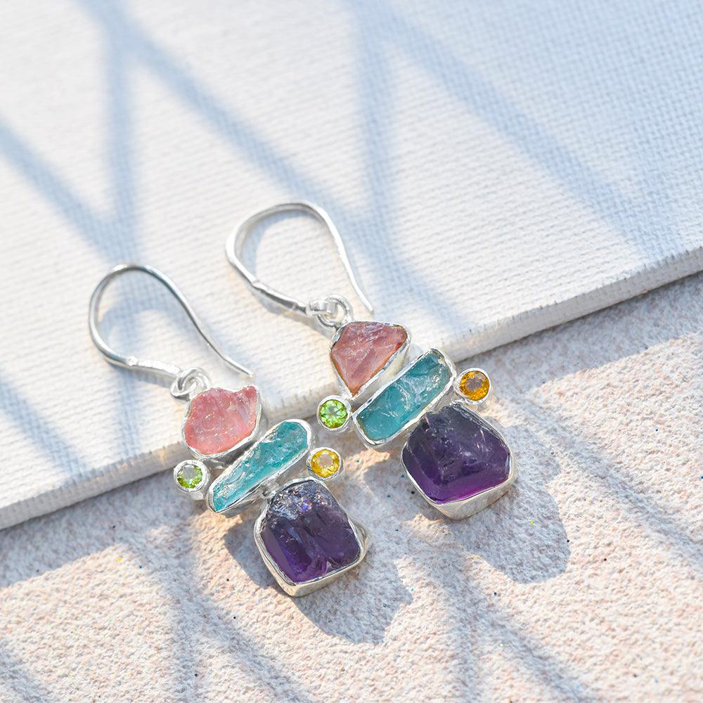 Raw Multi Gemstone Solid 925 Sterling Silver Dangle Earrings Jewelry - YoTreasure