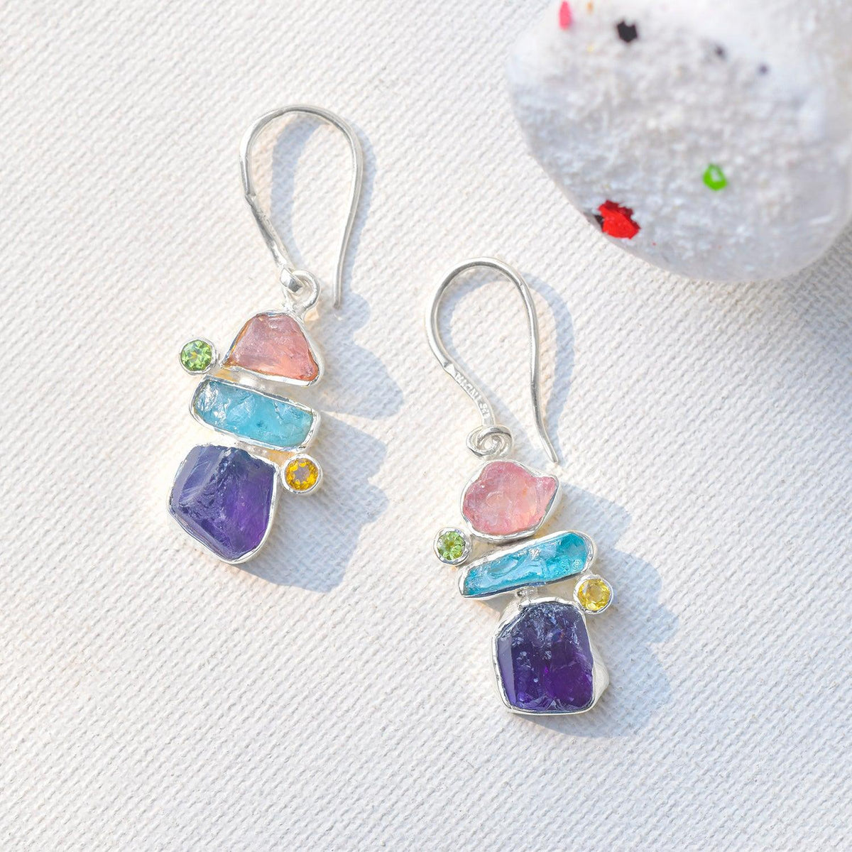 Raw Multi Gemstone Solid 925 Sterling Silver Dangle Earrings Jewelry - YoTreasure