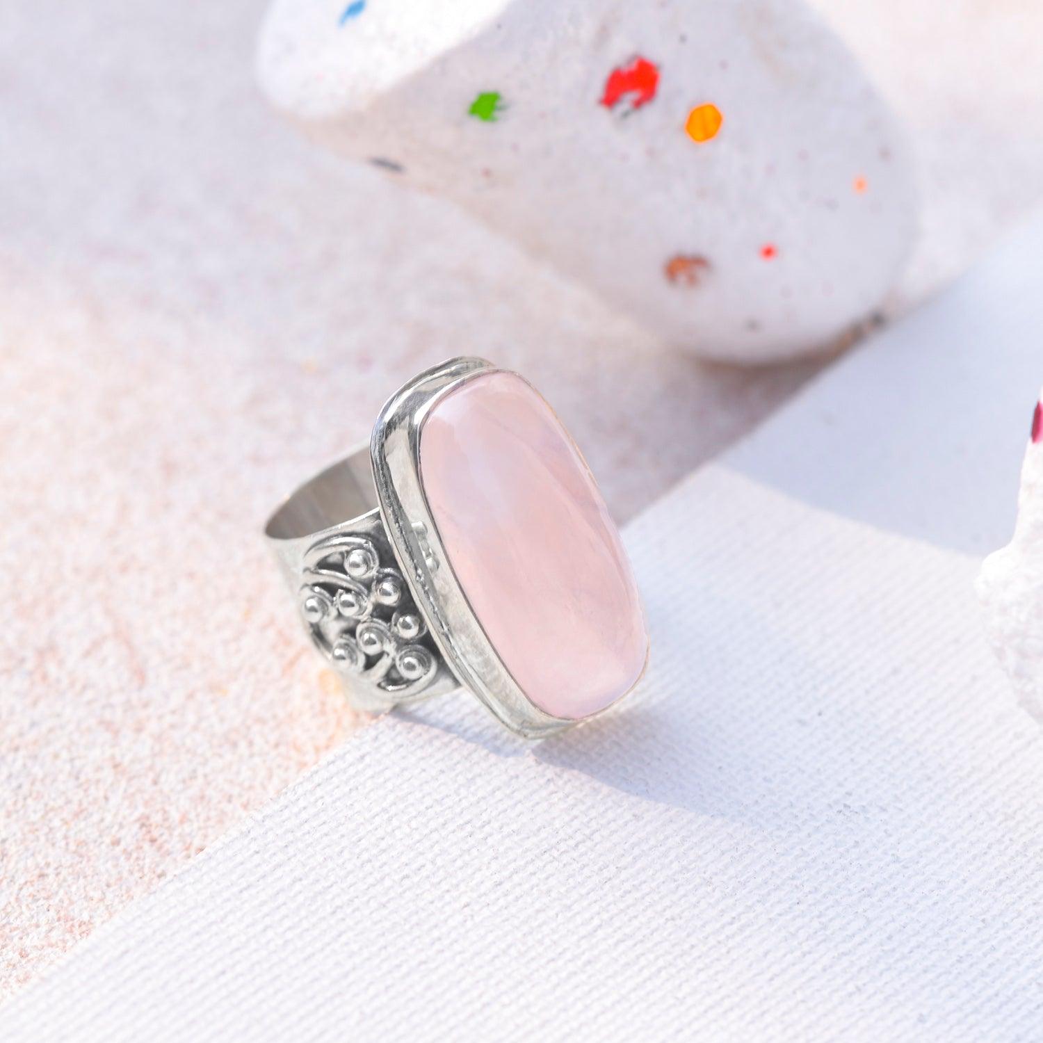 Rose Quartz Solid 925 Sterling Silver Ring Jewelry - YoTreasure