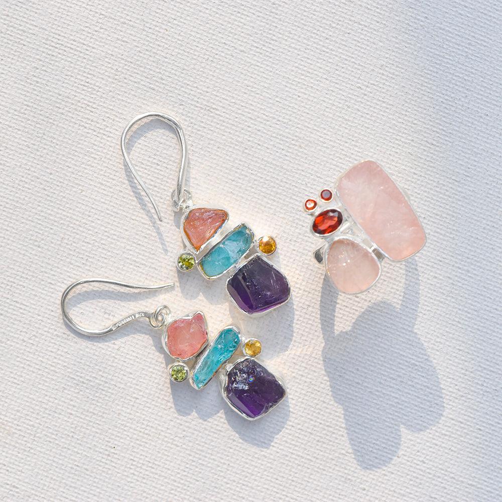 Raw Multi Gemstone Solid 925 Sterling Silver Dangle Earrings Jewelry - YoTreasure