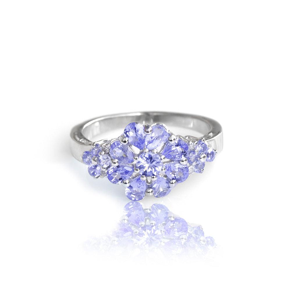 Blue Tanzanite Solid 925 Sterling Silver Flower Cluster Ring Jewelry - YoTreasure