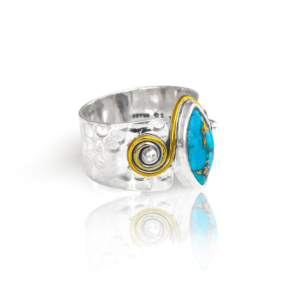Blue Copper Turquoise Solid 925 Sterling Silver Brass Hammered Ring Jewelry - YoTreasure