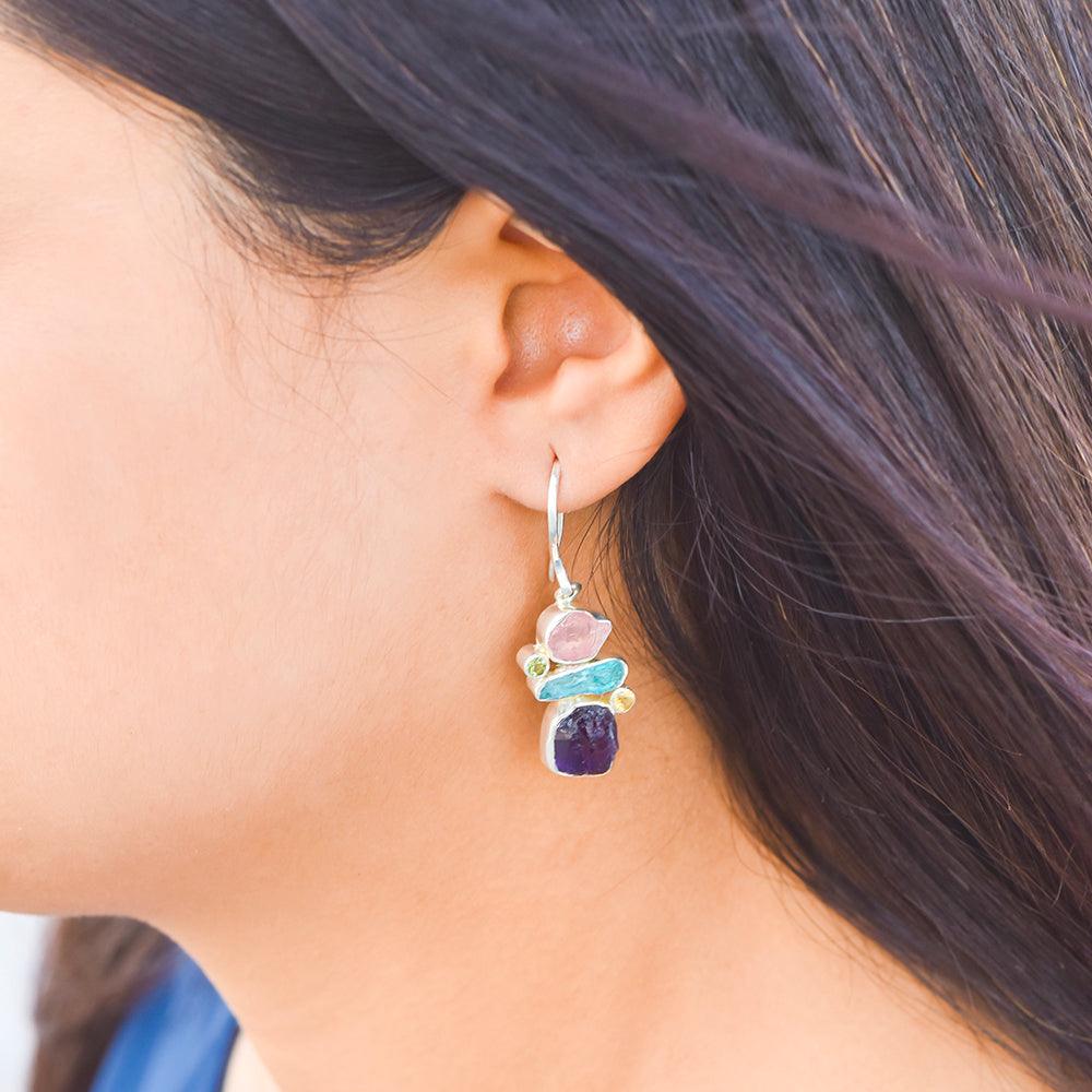 Raw Multi Gemstone Solid 925 Sterling Silver Dangle Earrings Jewelry - YoTreasure