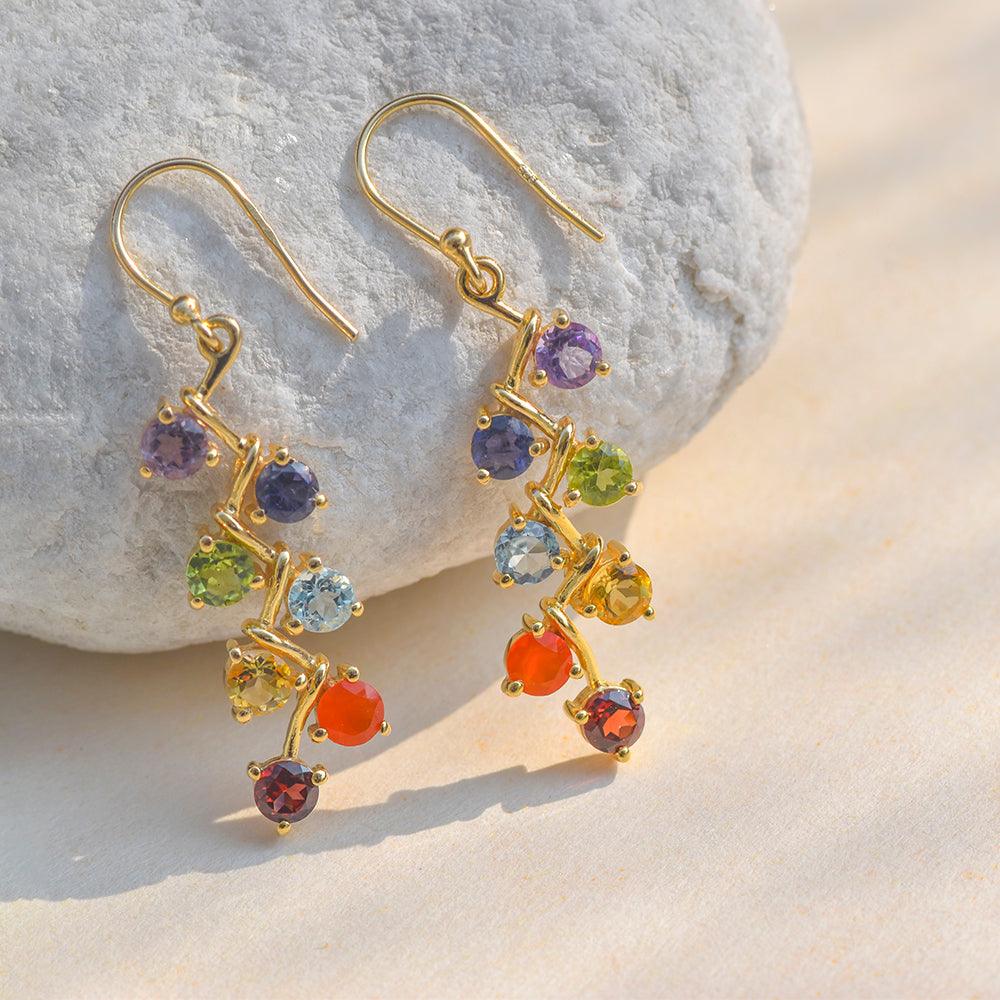 Chakra Stone Solid 925 Silver Gold Plated Dangle Earrings - YoTreasure