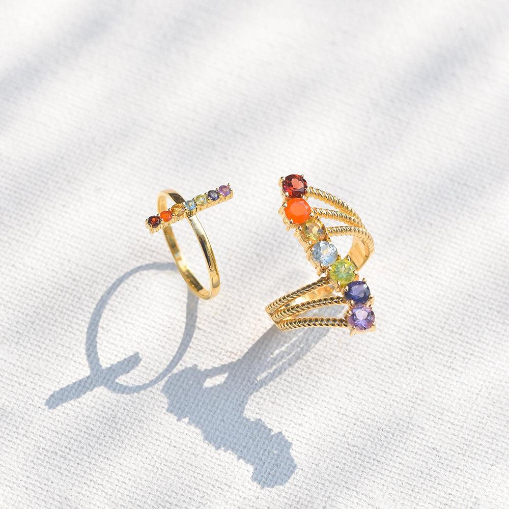 Chakra Stone Solid 925 Sterling Silver Gold Plated Bypass Ring - YoTreasure