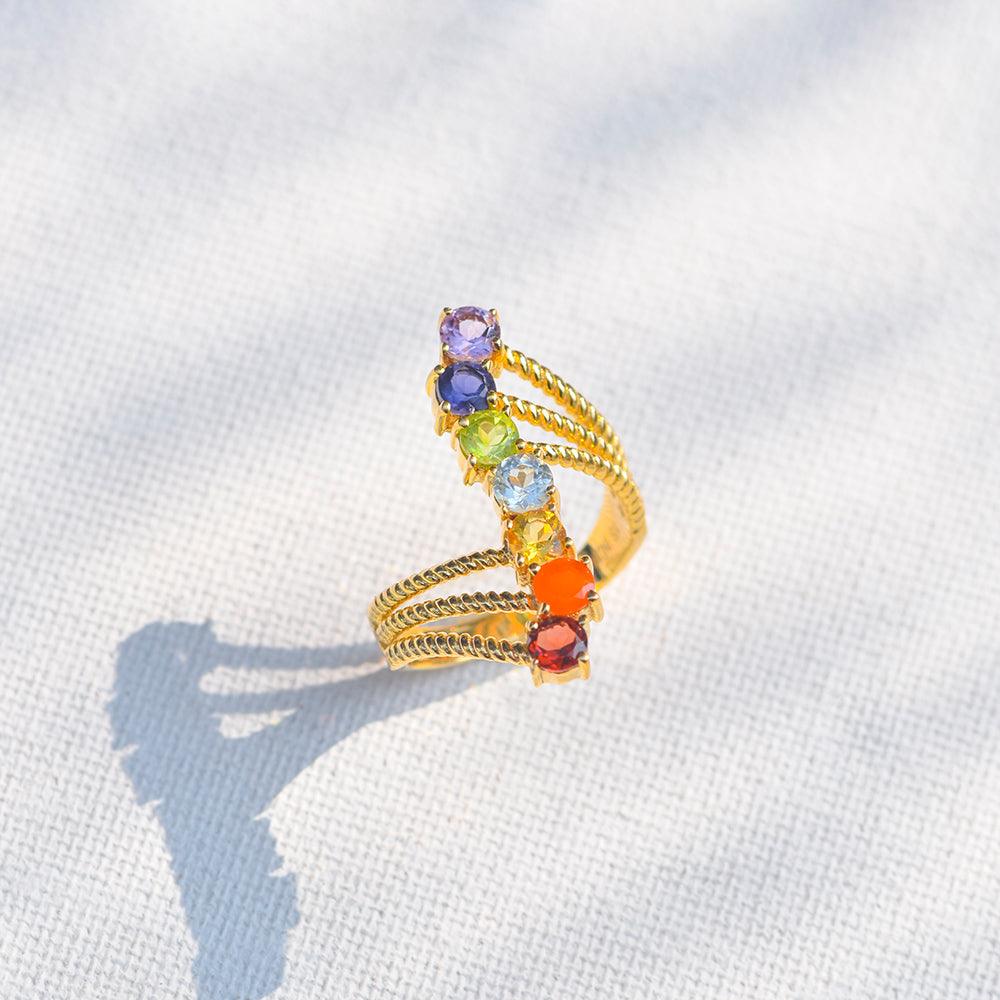 Chakra Stone Solid 925 Sterling Silver Gold Plated Bypass Ring - YoTreasure