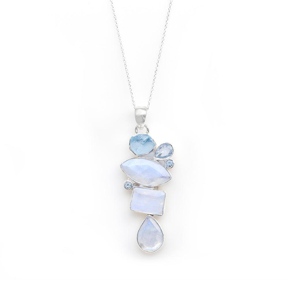 2.16" Moonstone Blue Topaz Solid 925 Sterling Silver Chain Pendant - YoTreasure
