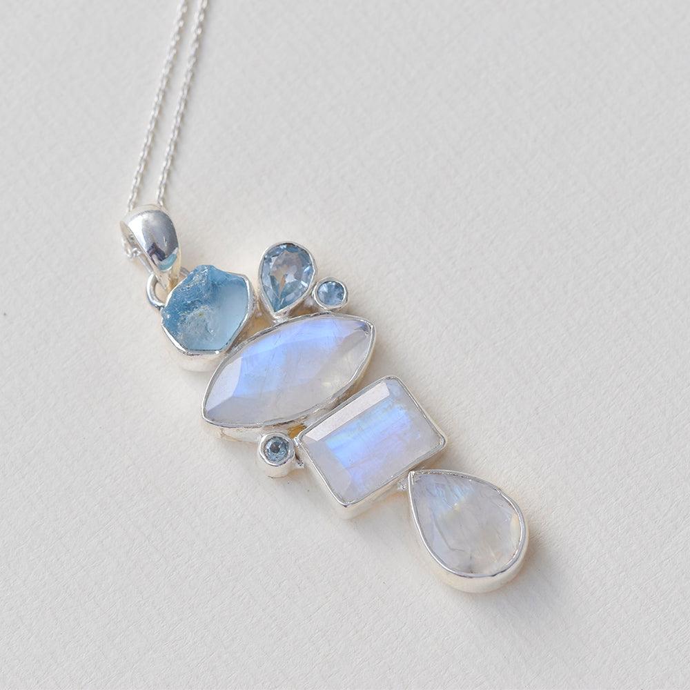2.16" Moonstone Blue Topaz Solid 925 Sterling Silver Chain Pendant - YoTreasure