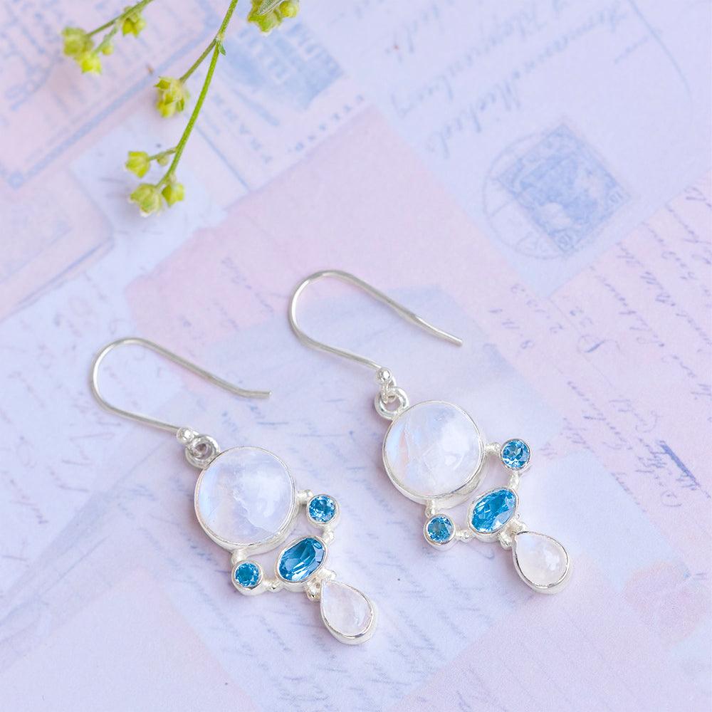 Moonstone Swiss Blue Topaz Solid 925 Sterling Silver Dangle Earrings Jewelry - YoTreasure