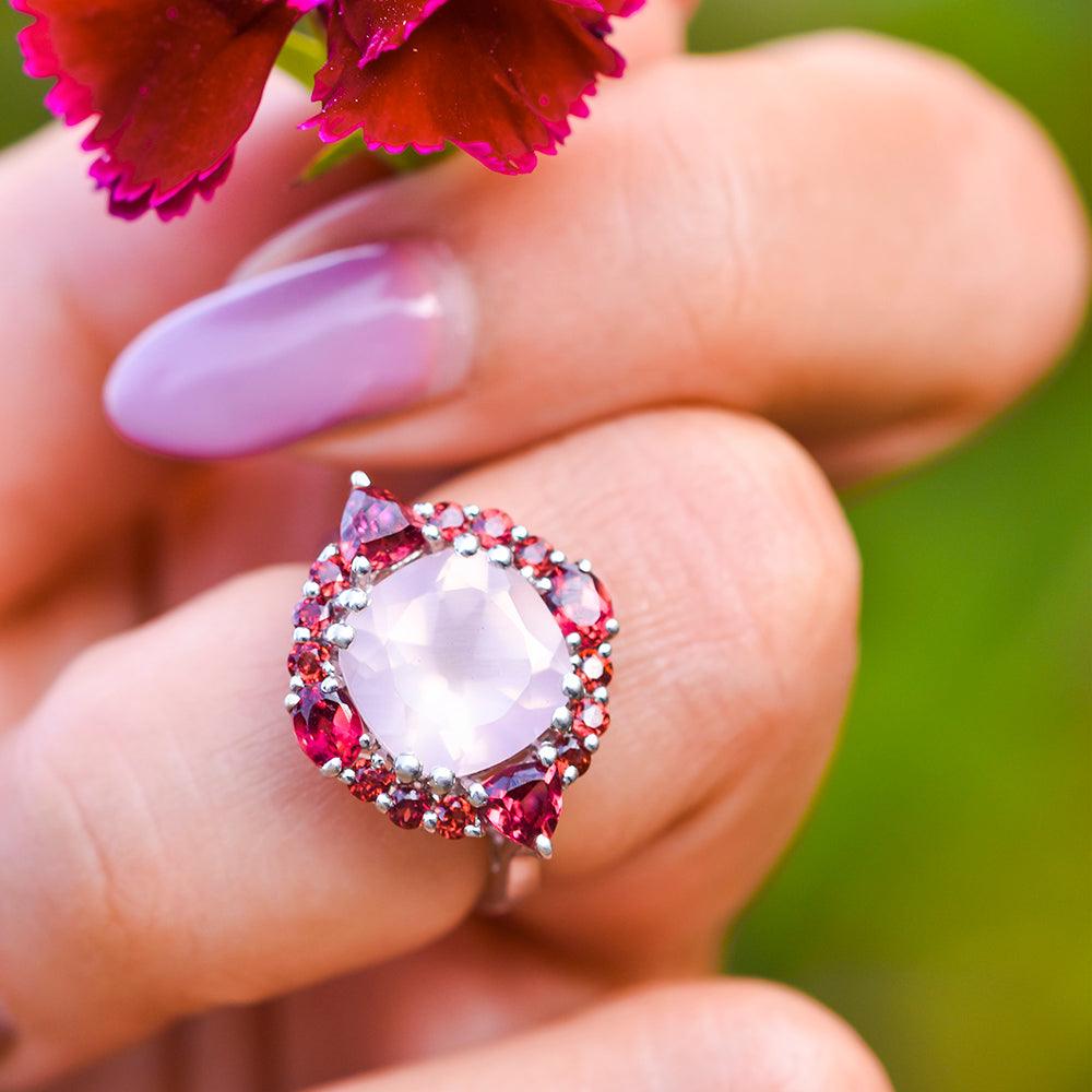 5.65 Ct. Natural Rose Quartz Rhodolite Garnet Solid 925 Sterling Silver Ring Jewelry - YoTreasure