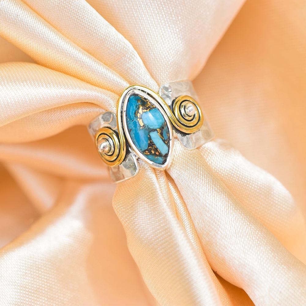Blue Copper Turquoise Solid 925 Sterling Silver Brass Hammered Ring Jewelry - YoTreasure
