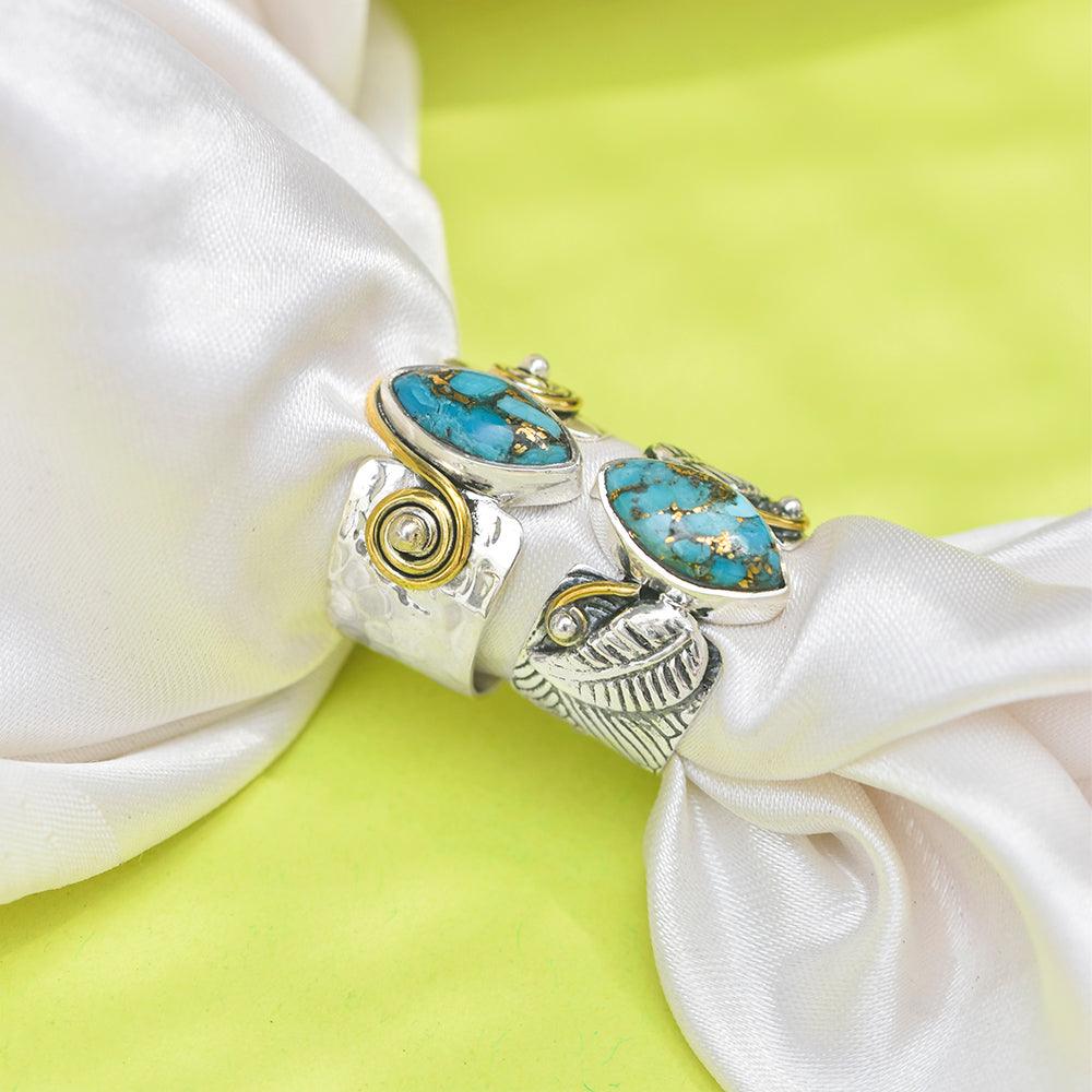 Blue Copper Turquoise Solid 925 Sterling Silver Brass Hammered Ring Jewelry - YoTreasure