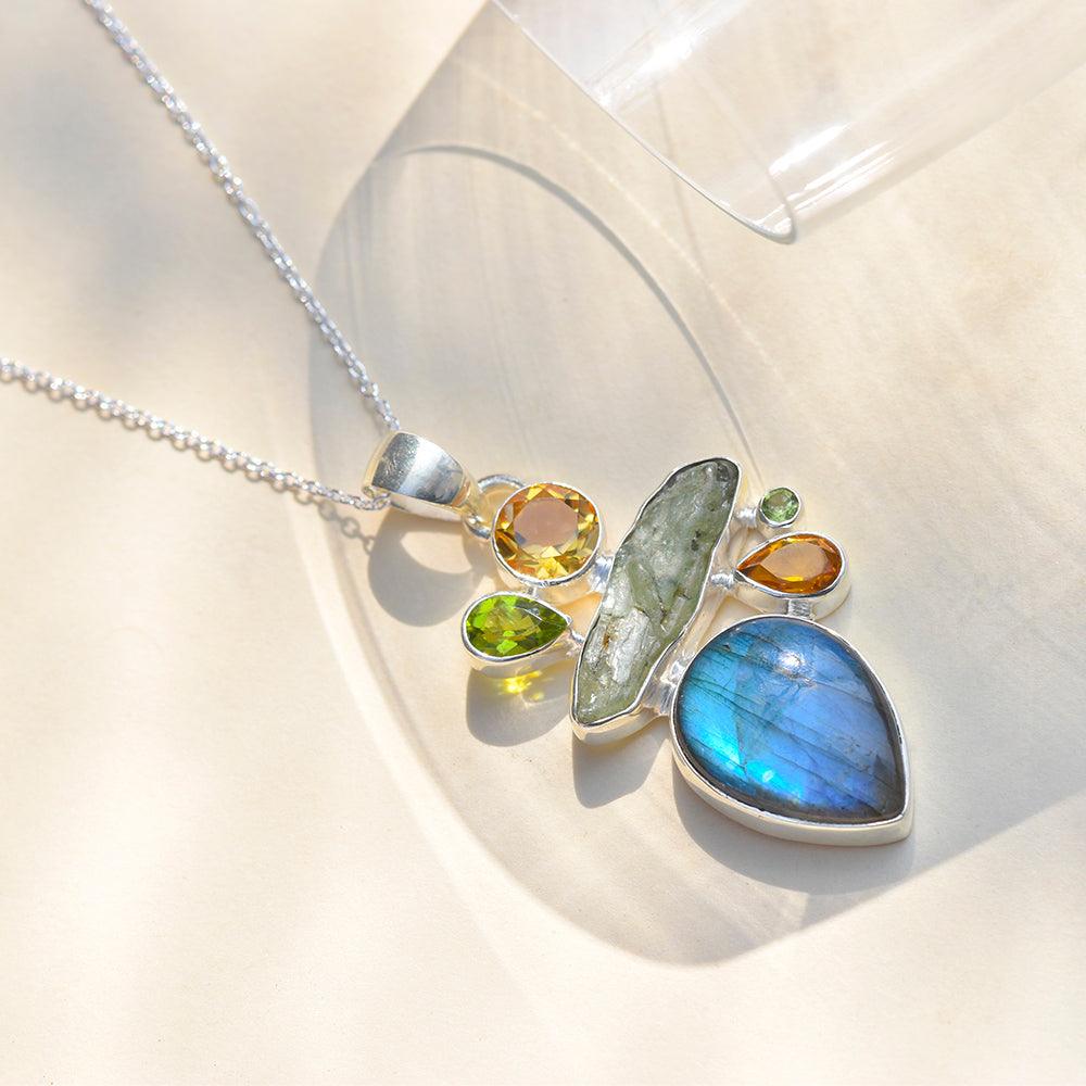 Labradorite Green Kyanite Solid 925 Sterling Silver Pendant - YoTreasure