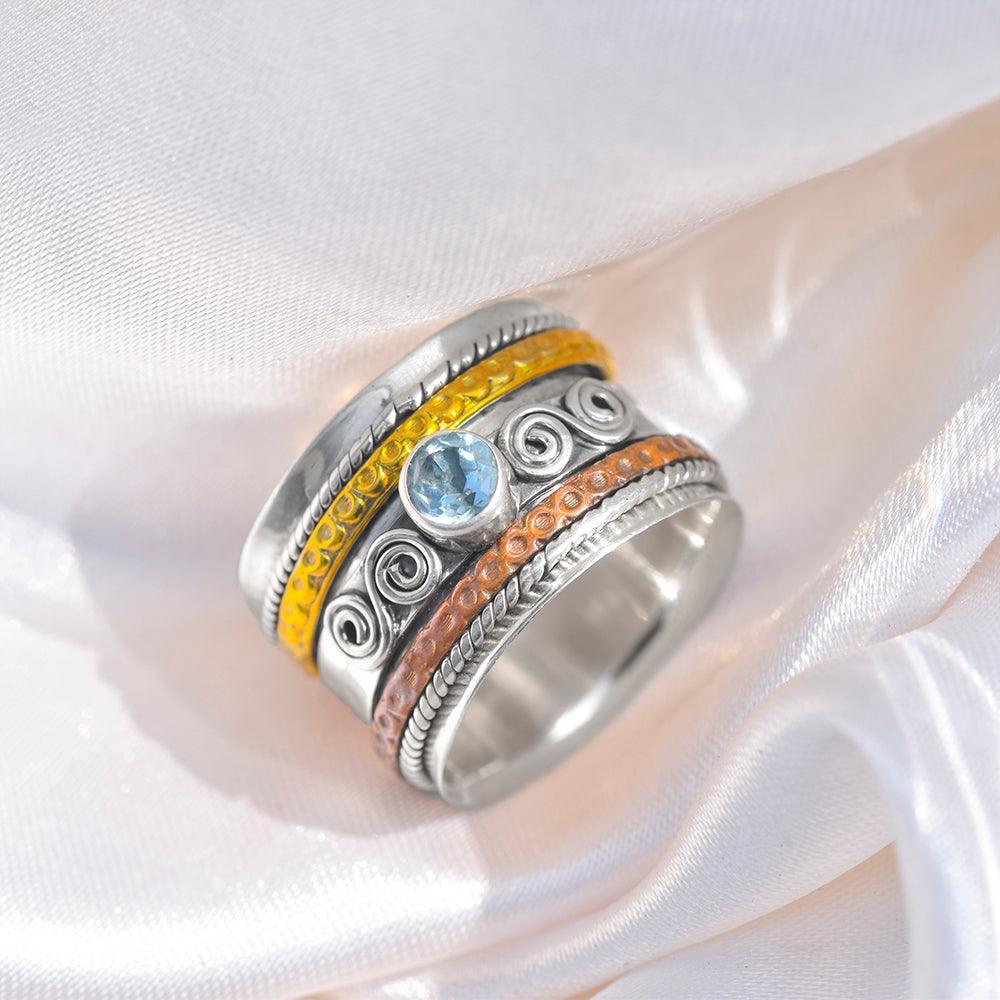 Natural Blue Topaz Solid 925 Sterling Silver Brass Copper Meditation Spinning Ring Jewelry - YoTreasure