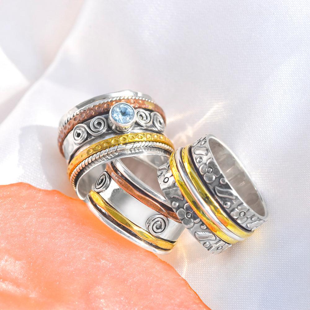 Natural Blue Topaz Solid 925 Sterling Silver Brass Copper Meditation Spinning Ring Jewelry - YoTreasure