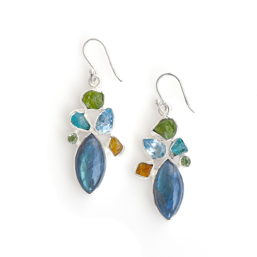 Labradorite Multi Gemstone Solid 925 Sterling Silver Dangle Earrings Jewelry - YoTreasure
