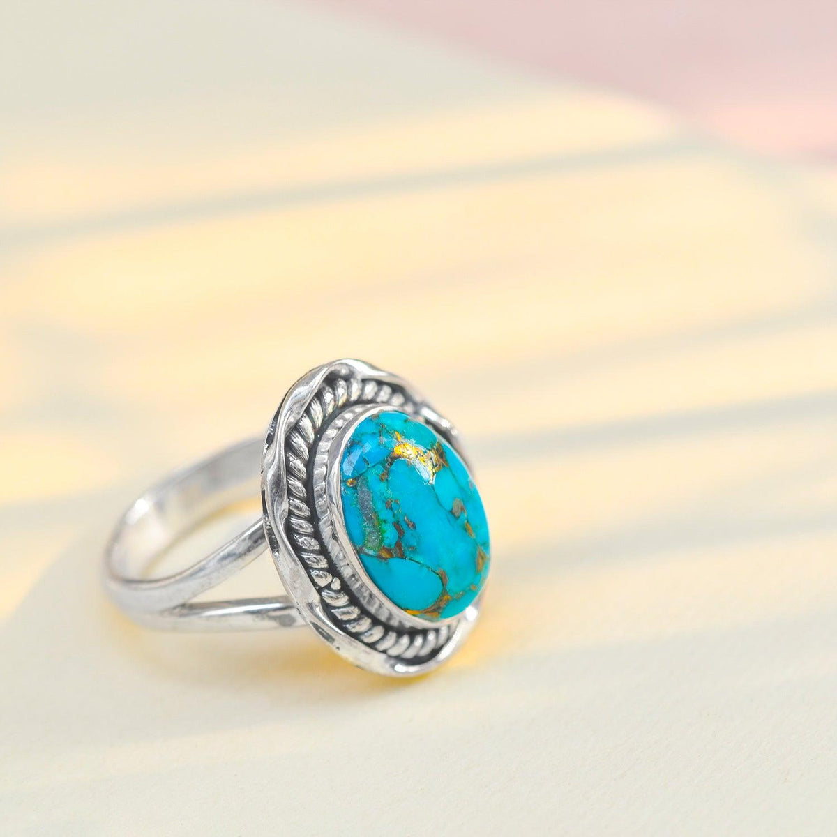 Blue Copper Turquoise Solid 925 Sterling Silver Split Shank Ring Jewelry - YoTreasure