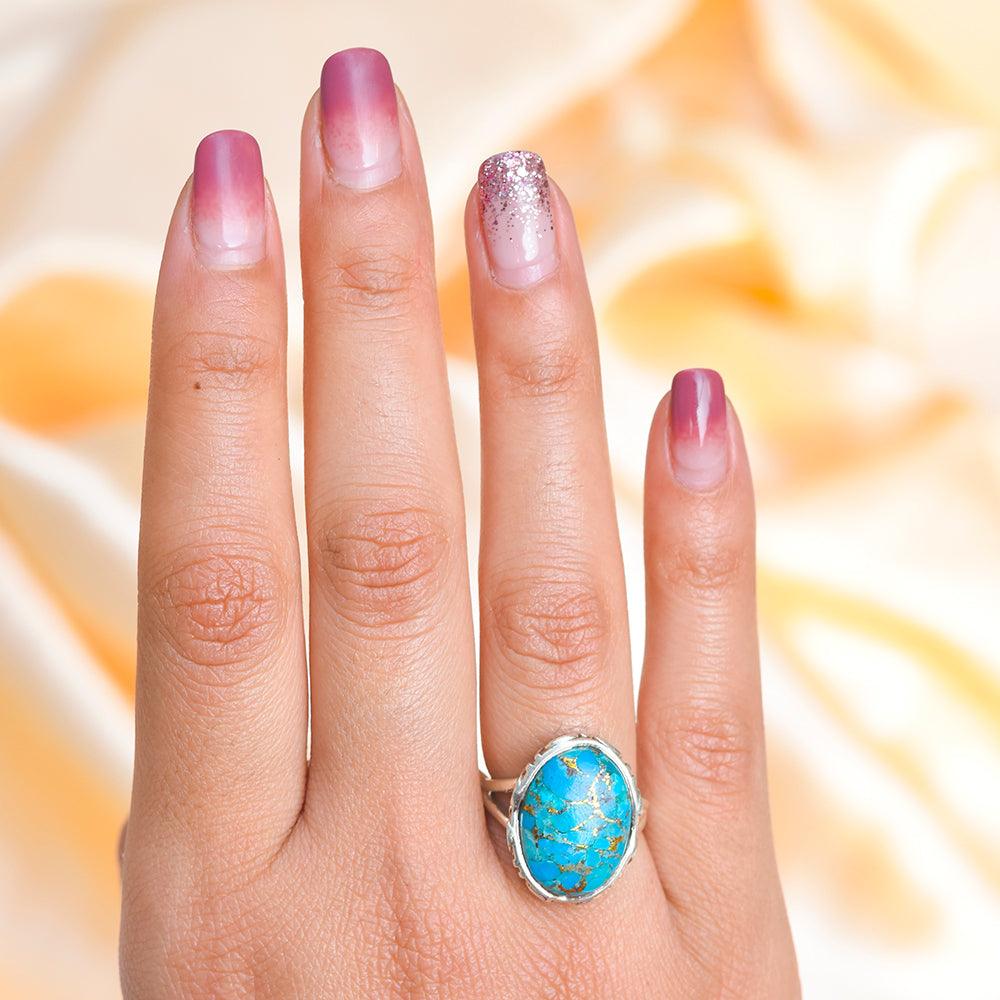 Blue Copper Turquoise Solid 925 Sterling Silver Ring Jewelry - YoTreasure