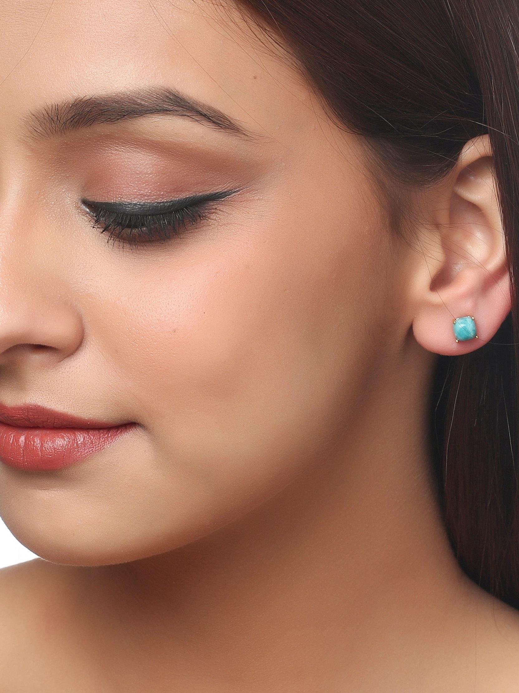 1.60 Ct. Turquoise Solid 10k Yellow Gold Stud Earrings - YoTreasure